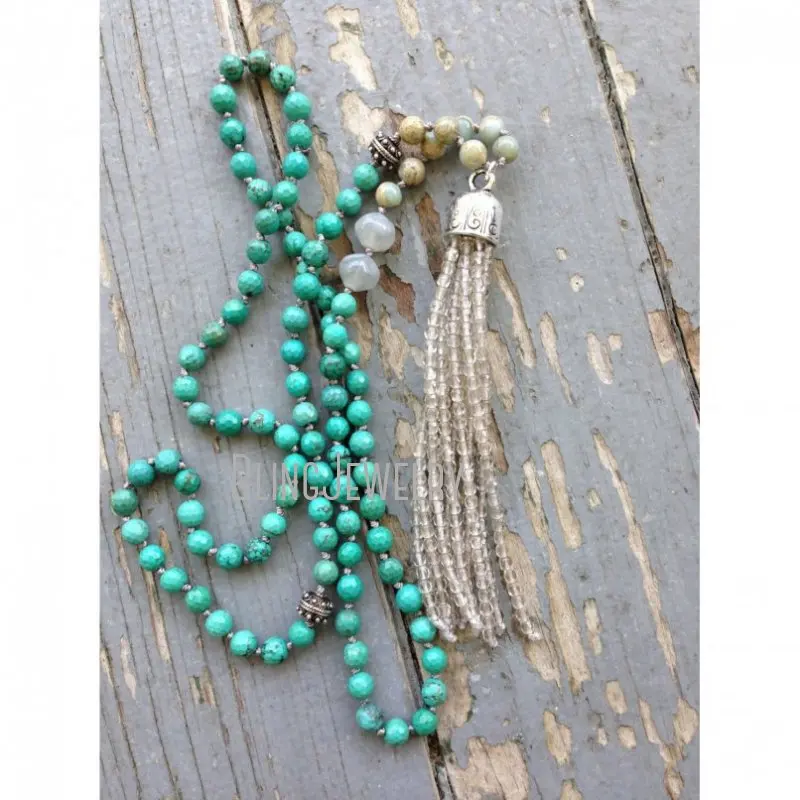 

NM20625 Boho chic Knot Howlite Turquoises Beads Necklace Small Tassel Layering