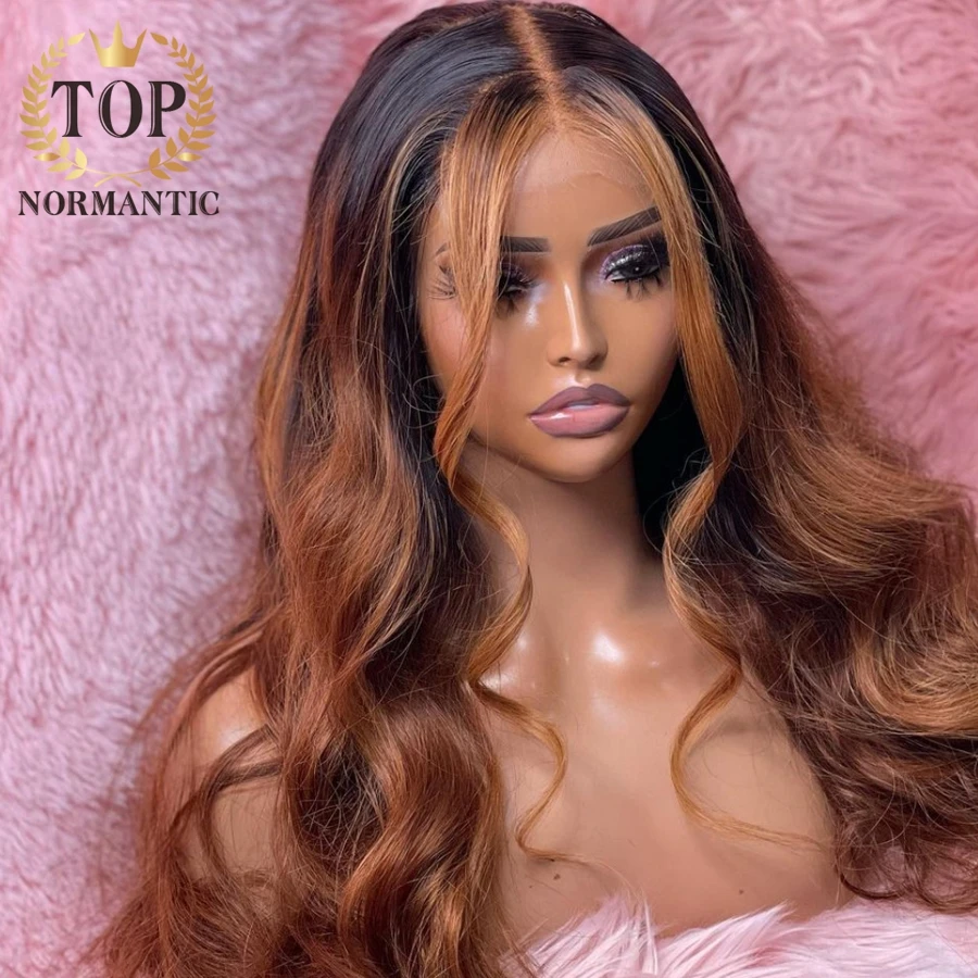 Topnormantic-peluca ondulada con encaje frontal para mujer, cabello humano indio Remy, Color marrón, predesplumada, 13x6