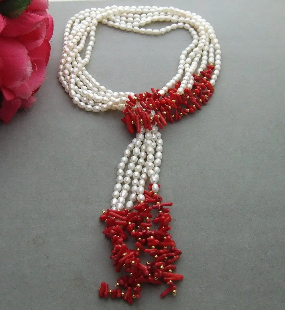 Hand knotted natural 3strands 5-7mm white freshwater pearl red coral necklace long 127 cm