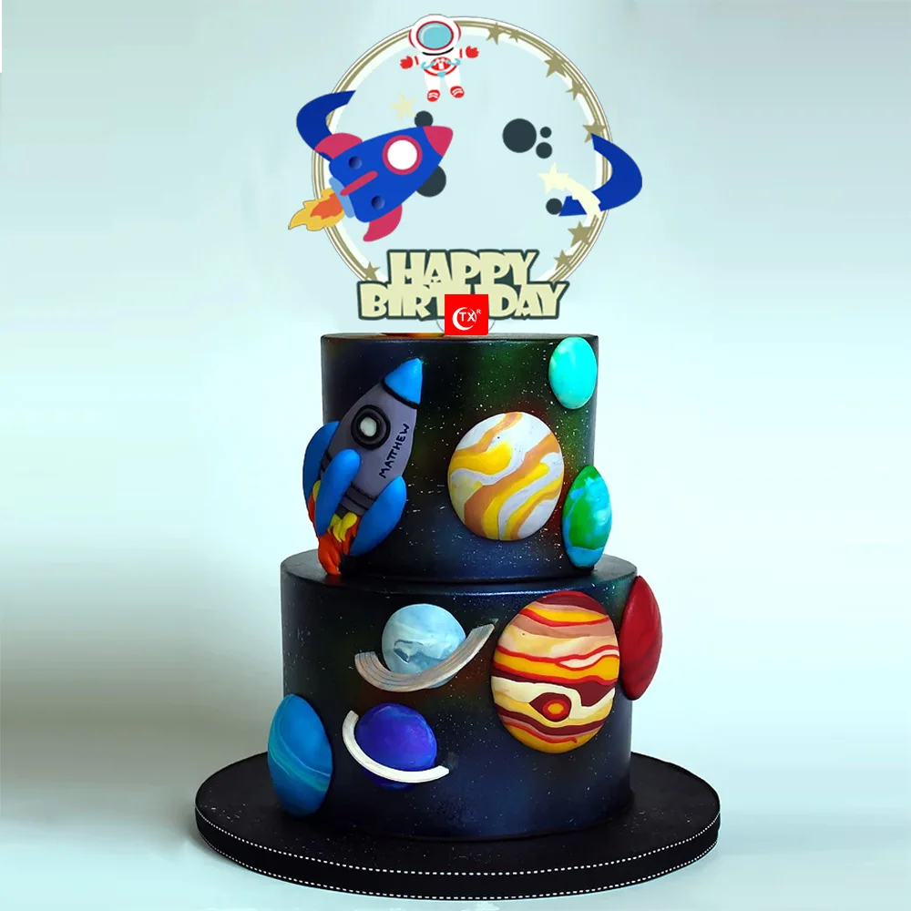 Planet Acrylic Happy Birthday Cake Toppers Transparent Astronaut Space Cake Toppers for Kids Birthday Party Cupcake Decorations