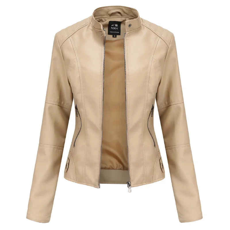 Chaqueta ajustada de cuero para mujer, chaqueta de PU fina, ropa de motocicleta para mujer, talla grande, cuello alto, Primavera, nuevo