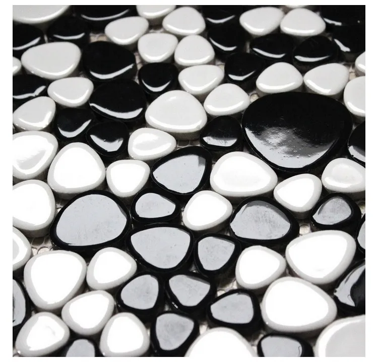 Simple Glossy Pebble Black White Ceramic Mosaic Tiles, for DIY Kitchen Shower Bathroom Wall Sticker Garden Floor Tile