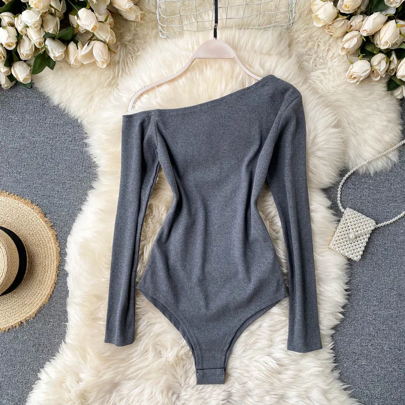 Off Shoulder Long Sleeve Basic Bodysuit Top Solid Rib Knit Slim Fit Stretch Spring Autumn Women Sexy Skinny Bodysuits