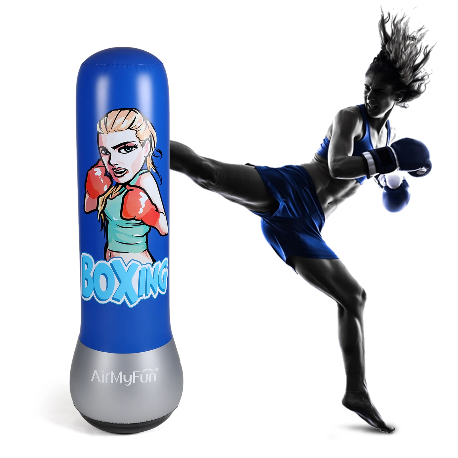 AirMyFun Inflatable Boxing for Adults & Kids, 150cm Blue Punching Bags Fit for Keep Fit, PVC Inflatable Toys for Gifts