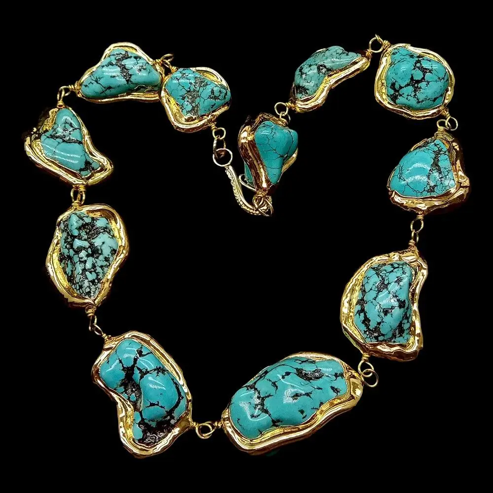KKGEM 25x28mm Freeform Blue Turquoise Nugget With Electroplated Edge strand Wrap choker necklace ethnic style for women 18