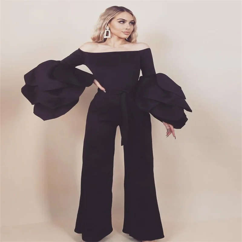 Gorgeous Black Jumpsuit Prom Dress Bateau Neck Ruffles Long Sleeves Evening Dresses Cotton Party Gown Custom Made Robe De Soiree