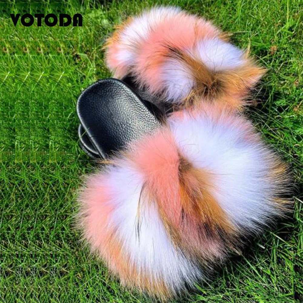 Summer Furry Shoes Women Fur Slippers Fluffy Raccoon Fur Sandals Fox Hair Slides Flat Rainbow Flip Flop Fuzzy Shoes Woman Slider