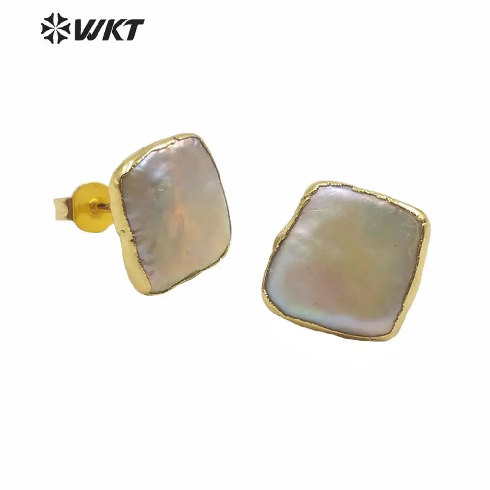 

WT-MPE027 New Hot 12mm Natural Freshwater Pearl Studs Tiny Gold Trim Square Shape ACC For Women Birthday Gift