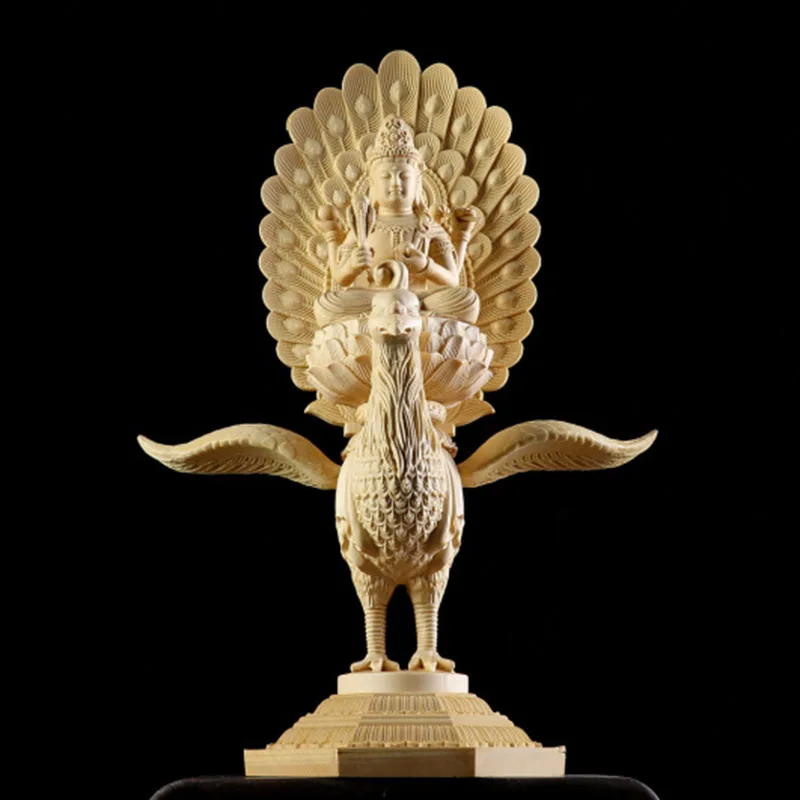 Elegant Mahamayuri Peacock-Adorned Guanyin Sculpture, Carved Wood Buddha for Feng Shui-Aligned Home Aesthetics