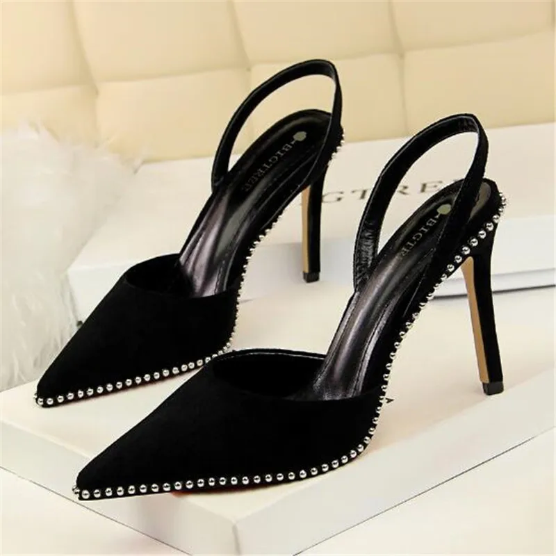 BIGTREE Shoes Rivet High Heels Woman Pumps Pu Leather Women Heels 9cm Sexy Party Shoes Black Red Apricot Wedding Shoes Female