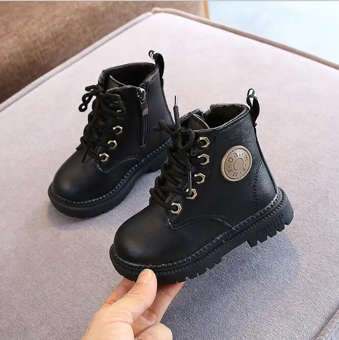 2020 Autumn/Winter Children Boots Boys Girls Leather Boots Plush Fashion Waterproof Non-slip Warm Kids Boots Shoes 21-30