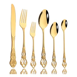 1Pcs Luxury Dinnerware Set Vintage Western Gold Plated Cutlery Stainless Steel Dinner Knife Fork Ice Spoon Flatware Tableware