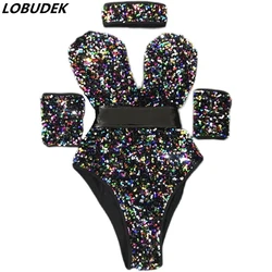 Multi Color Sequins Bodysuit Bar Nightclub Women Singer Dancer Sexy Stage Wear Team DJ Jazz Dance Gogo Performance Costume