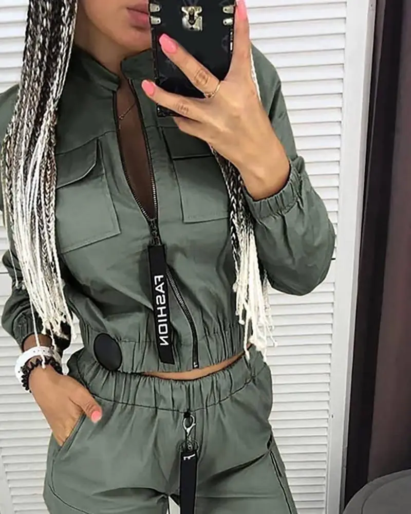 2023 Women Clothing Zipper Sports Suit Hot Sale Street Casual Slim Spring Summer Army Green Jacket Trousers Fashion 2 Piece Set