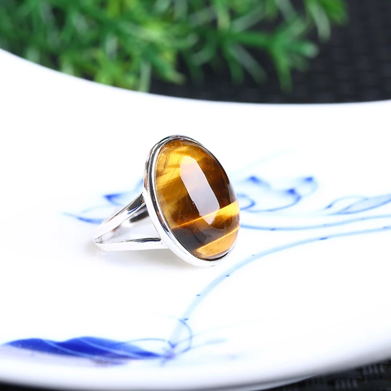 Natural Crystal Ring Yellow Tiger Eye Stone S925 Silver Mosaic Ring Men Women Crystal Rings Energy Stone Jewelry Wholesale