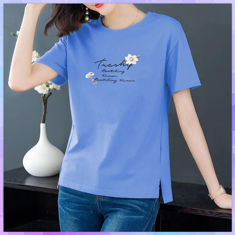 Floral Print Cotton T-shirt Woman T-shirts 2021 Summer Butterfly Short-Sleeved Top Women Letter Loose Tshirt Plus Size Tops 4XL