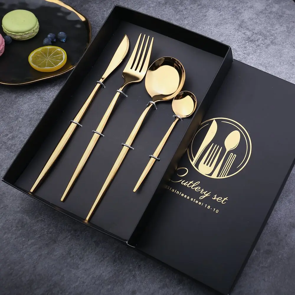 4Pcs 304 Stainless Steel Golden Cutlery Set Black Luxury Dinnerware  Spoons Knives  Kitchen  Mirror Polishing Fork