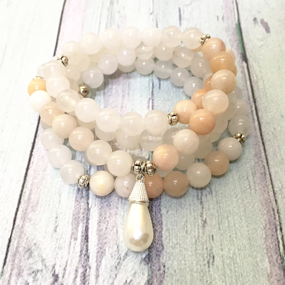 

MG0593 Women`s 108 Mala Yoga Necklace Pearl Charm Natural Gem Stone Bracelet Pink Aventurine Snow Quarz Jewelry