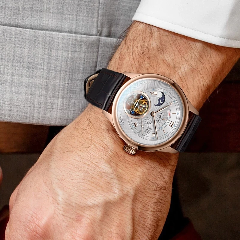 LOBINNI ريال توربيون ساعة اليد الفاخرة رجالي حركة النورس الساعات الميكانيكية رجل الأيدي ساعة دليل ساعات الرياح