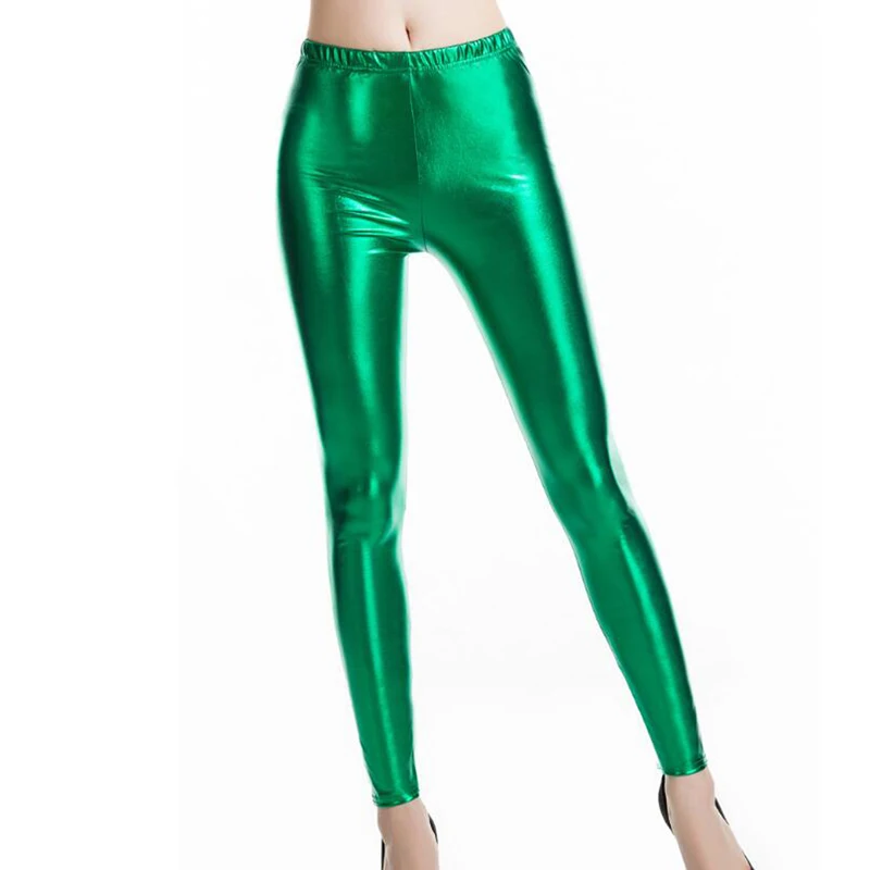 VIIANLES mujeres brillante azul plata oro polainas de cuero de imitación de cintura media estiramiento lápiz Pantalones brillante Fitness Legging
