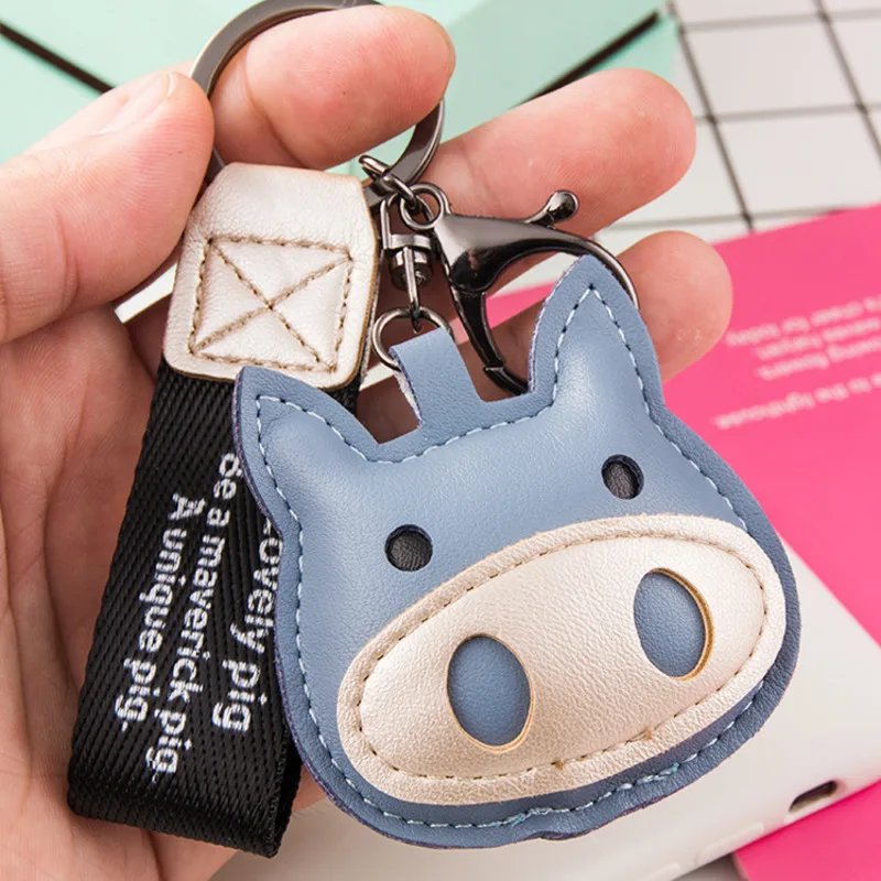 Cartoon Pig Keychain PU Leather Cotton Fillled Blue Pink Black White Pendant Car Personality Cute Lady Keyring Bag Ribbon Lanyar