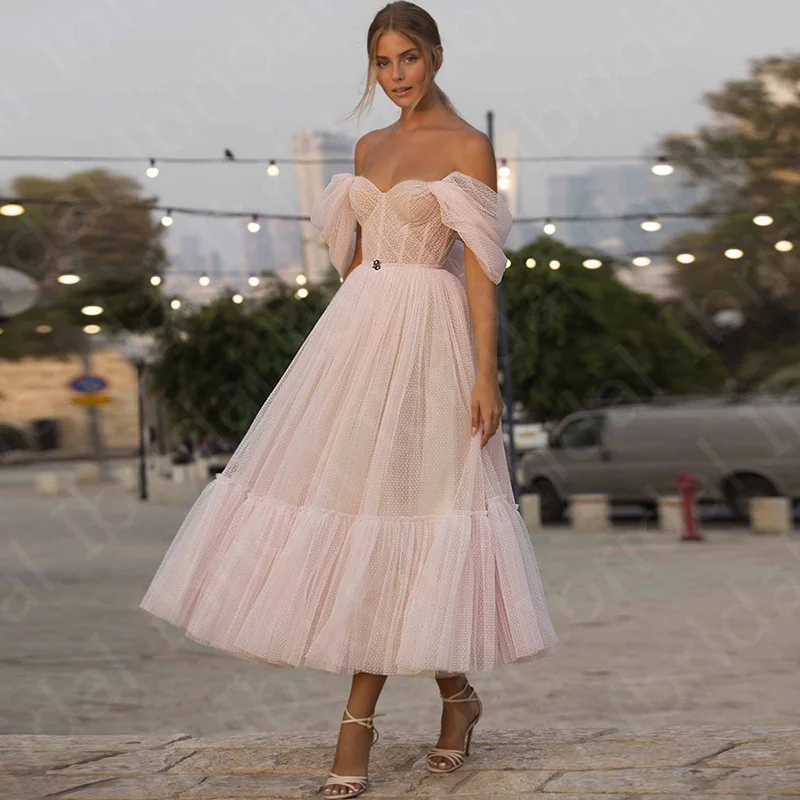 

Hot Sale Pale Pink A Line Prom Party Dresses Mid Calf Length Sweetheart Wedding Guest Gowns Off Shoulder Gown Bare Back