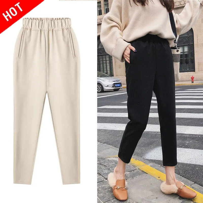 High Quality 2019 Winter High Waist Women's Harem Pants Woolen Women Casual Solid Warm Female Long Trousers