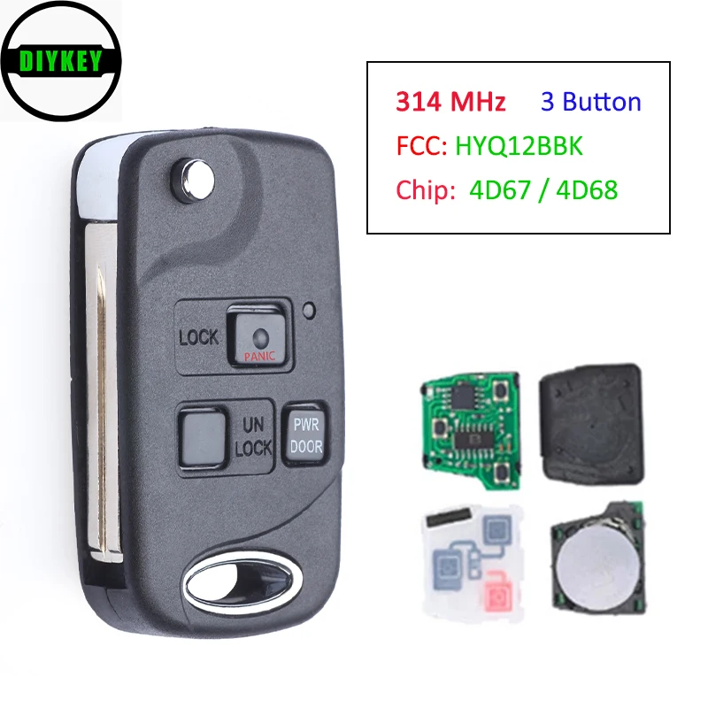 

DIYKEY Flip Smart Remote Key Replacement Fob 3 Button 314 MHz - 4D67 / 4D68 Chip for 2002-2010 Lexus SC430 FCC: HYQ12BBK