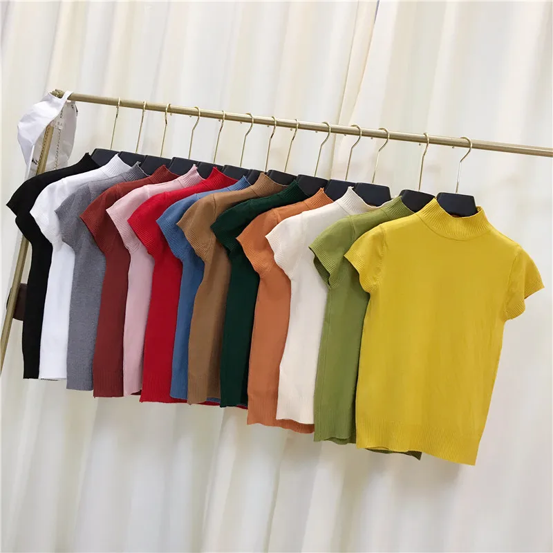 Women Half Turtleneck Short Sleeve Solid Soft Sweater Shirts 2020 Spring Girls Knitting Large Elastic Sweaters Pullovers Tops