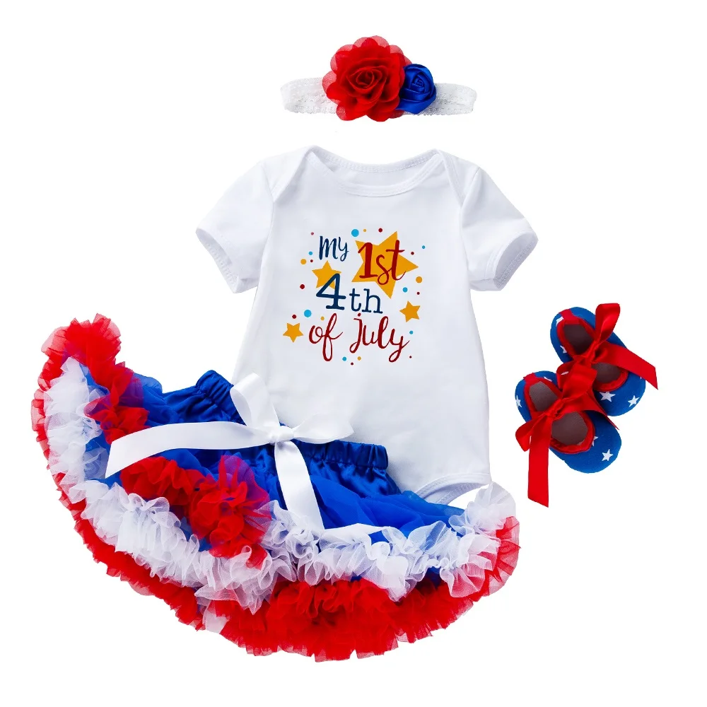 Toddler Summer 4Pcs Newborn Baby Girls American Flag July 4th Bodysuit Headband Outfits Short Sleeve Holiday Clothes Infant Kids