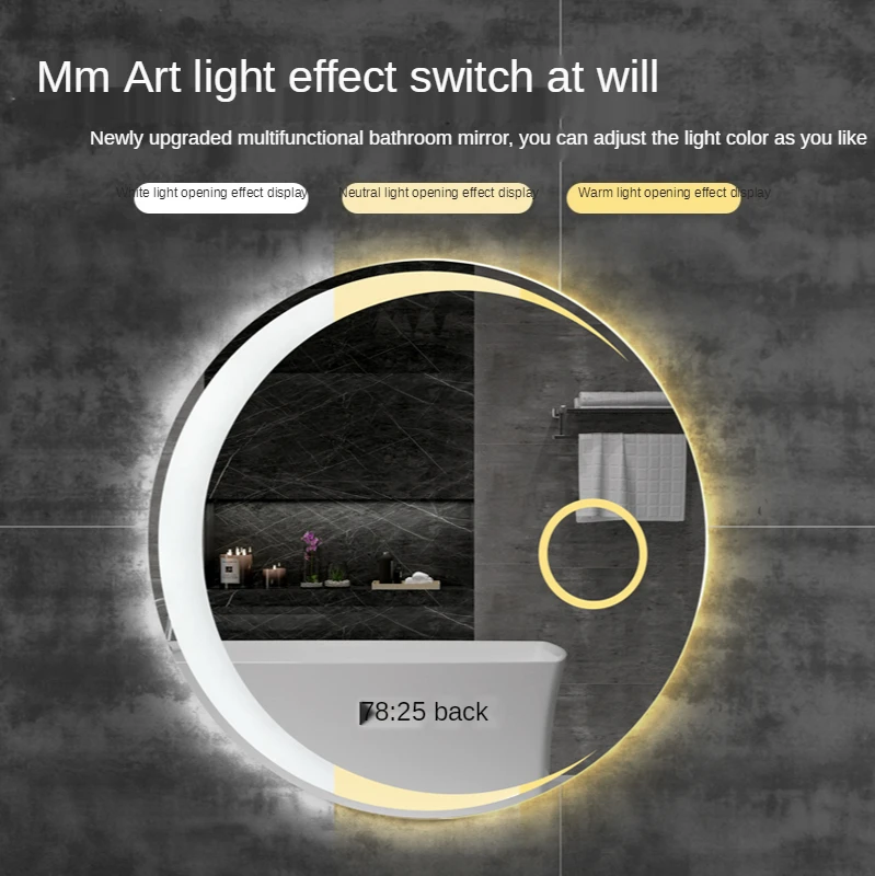 60CM Nordic Smart Anti-Fog Bathroom Mirror Bathroom Wall Hanging Led Luminescent Lamp Moon round Mirror with Light Toilet Mirror