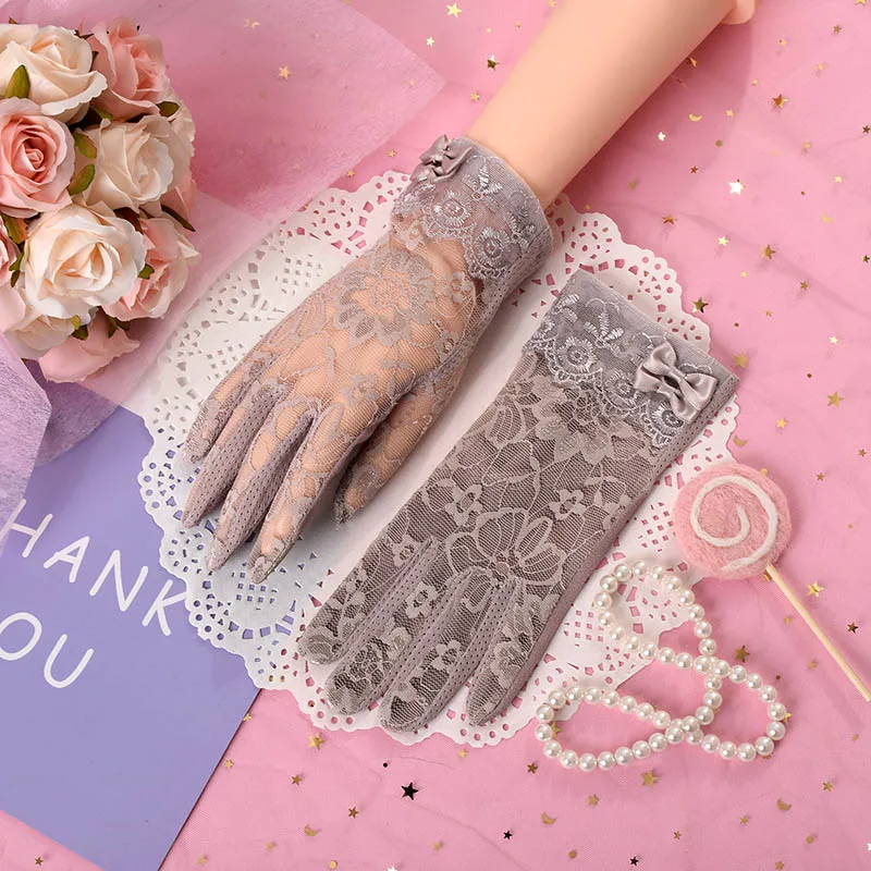 Sexy Summer Women UV Sunscreen Short Sun Screen Pearl Flowers Bow Gloves Thin Ice Silk Lace Touch Screen Lady Driving Gloves J55