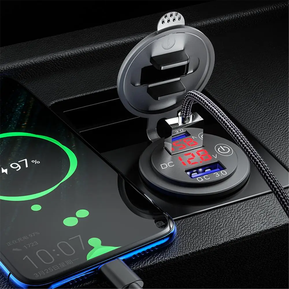 Dual QC 3.0 36W USB Fast Charger Socket Power Outlet Adapter LED Display Voltmeter Touch Switch Waterproof For RV Boat Motor Car