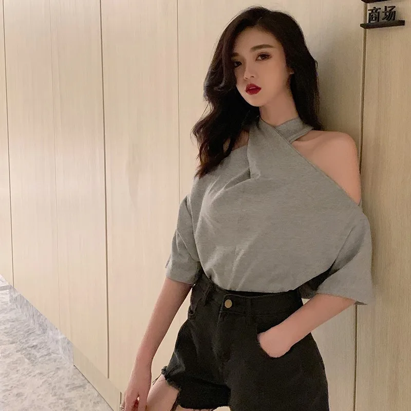 Cho Nữ Đeo Chéo Choker Áo Hở Lưng Đen Trắng Gợi Cảm Trễ Vai Tay Lửng Áo Sơ Mi Nữ Lạ Mặt Điều