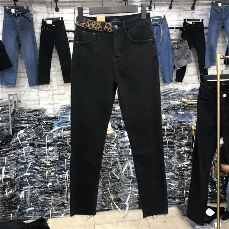 Mulher calças de brim leopardo impressão costura calças cintura alta preto pés inverno pantalones vaqueros mujer