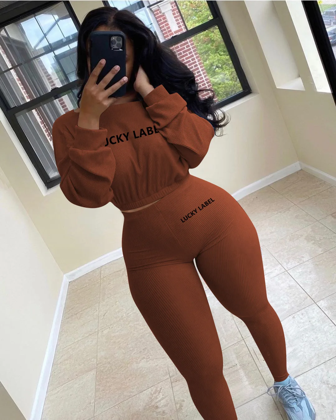 Letter Printed Embroidery Women Two Piece Ribbed Tracksuits Fall Spring Long Sleeve Sweatshirt and Skinny Pants Set - Image 2