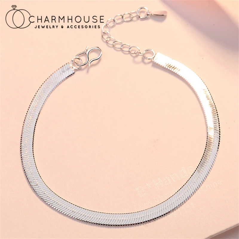 Silver 925 Charm Bracelets For Women 5mm Flat Snake Chain Bracelet & Bangle Wristband Pulseira Femme Fashion Jewelry Party Gifts