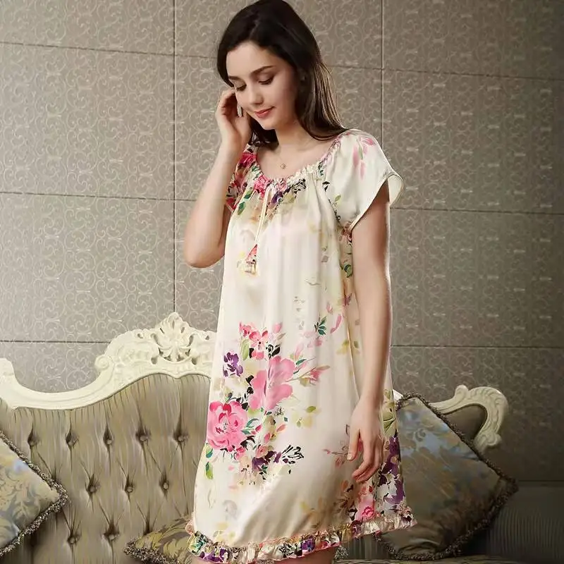 Camisones de seda pura para mujer, ropa de dormir Sexy, vestidos de casa, camisón de satén, vestido Floral de estilo veraniego, 100%