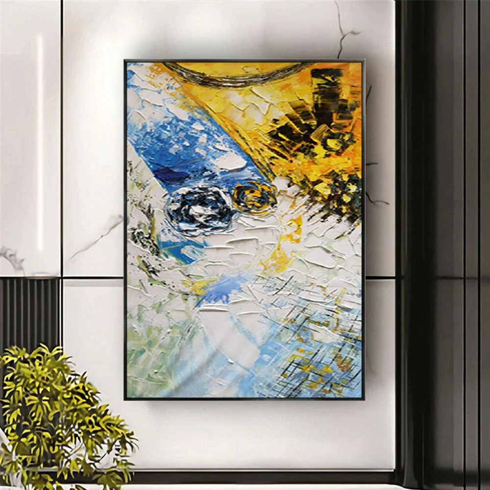 لوحات زيتية مرسومة يدويًا طلاء سكين تجريدي أصفر وأبيض نسيج زيتي سميك صورة قماشية ديكور منزلي لوحة معلقة #5