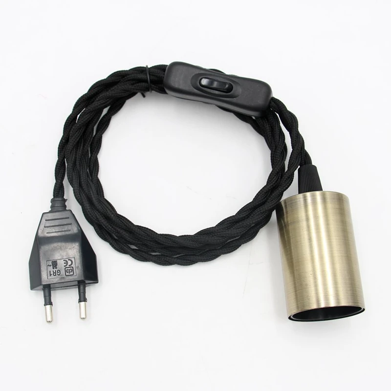 AC 220V EU Plug Power Cords Vintage Fabric Twisted Cable with Inline Switch E27 Bulb Lamp Holder Hanging Lamp
