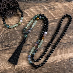 8mm Green Aventurine Indian Agate Black Onyx Beaded 108 Mala Necklace Meditation Yoga Prayer Jewelry Set for Men and Women