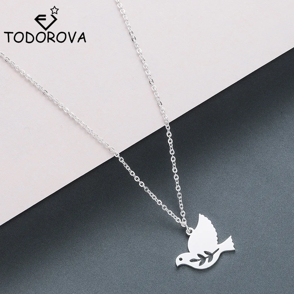 Todorova Lovely Bird Peace Dove Statement Necklace Women Stainless Steel Jewelry Pigeon Laurel Leaf Pendant Erkek Kolye