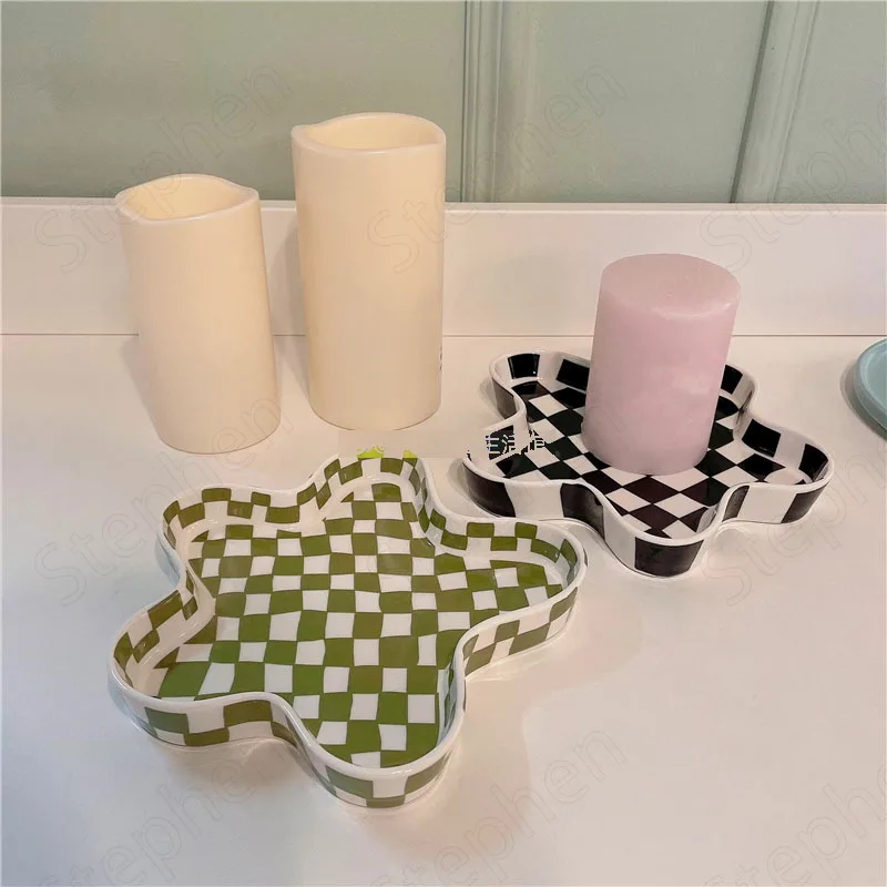 Checkerboard Lattice Ceramic Plate Nordic Simple Star Shape Cake Dessert Plates Snack Fruit Dishes Coffee Table Tray Home Decor