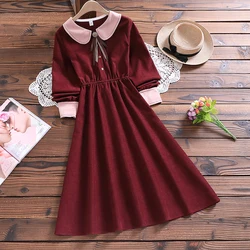 Styl Mori girl słodkie słodkie jednolita sukienka japonia styl jesień zima moda new arrival kokarda długie dama z długim rękawem w stylu vintage vestidos