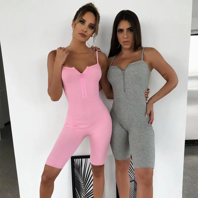 

One Piece Spaghetti Strap Low Cut Zipper V-neck Backless Fitness Tight Playsuit Women Gym Sportswear Workout Running Sport Suit