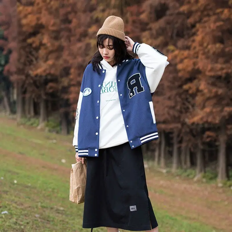 2022 frühling herbst blau weiß baseball uniform neutral Japan straße lose kontrast farbe strickjacke stil jacke preppy frauen tragen