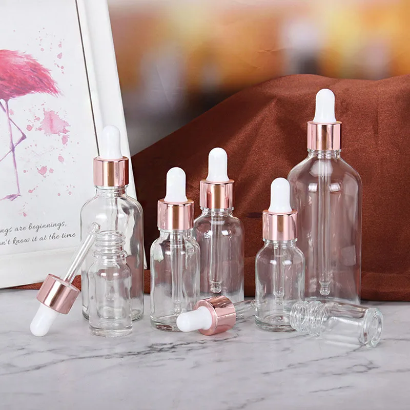 5-100ML Tubes Transparent Dropper Glass Rose Gold Cover Aromatherapy Liquid for Essential Massage Oil Pipette Refillable Bottles