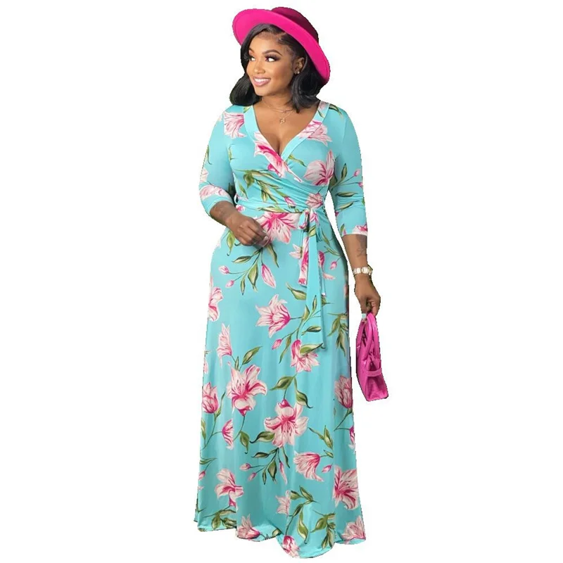 5xl Plus Size Dresses Women Clothing Elegant Fall Maxi Floral Dress with Sashes Ladies Long Sleeve Dress Dropshipping Wholesale