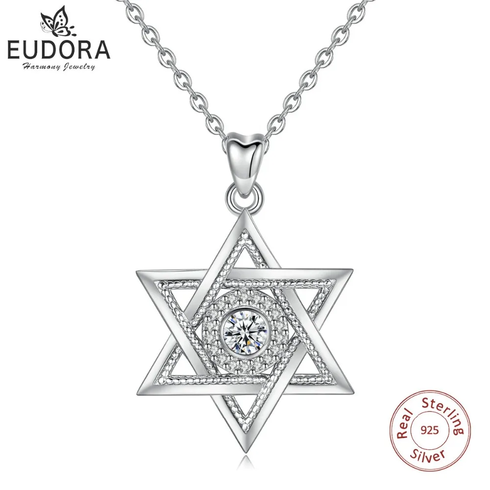 

EUDORA 925 Sterling Silver Star of David & Cubic Zirconia Pendant Necklace Fashion Hexagram CZ Jewelry for Anniversary Gift D334