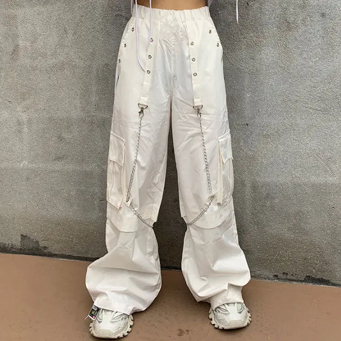 KOSAHIKI White Cargo Pants Women Fashion Harajuku Wide Leg Loose High Waist  2024 Streetwear Chain Trousers Joggers 